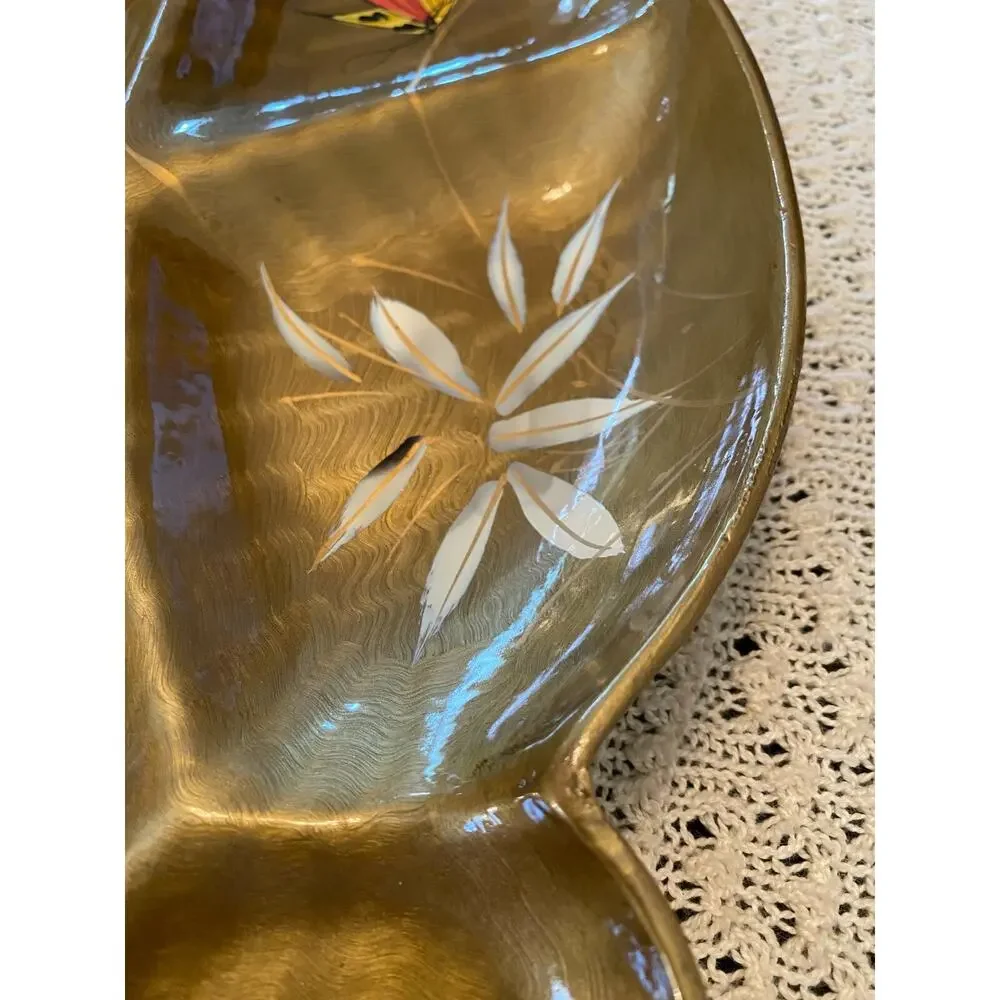 Catalina Lacquerware Japan Leaf Shaped Serving Tray Butterfly Hand Painted MCM